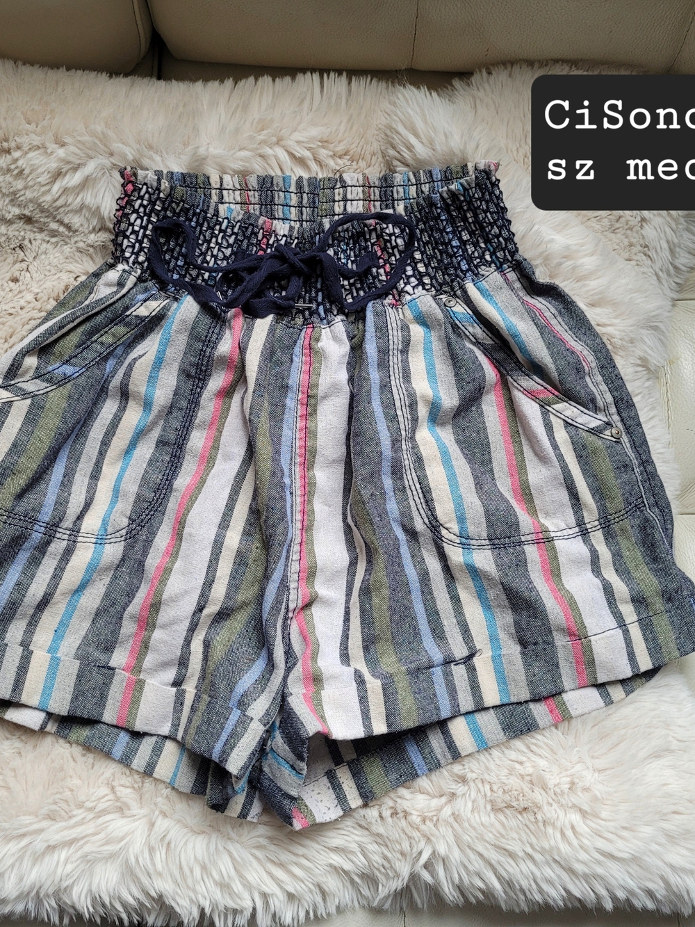 Ci Sono High-Waist Striped Shorts — Navy, Blue, Pink, Gray, Cream